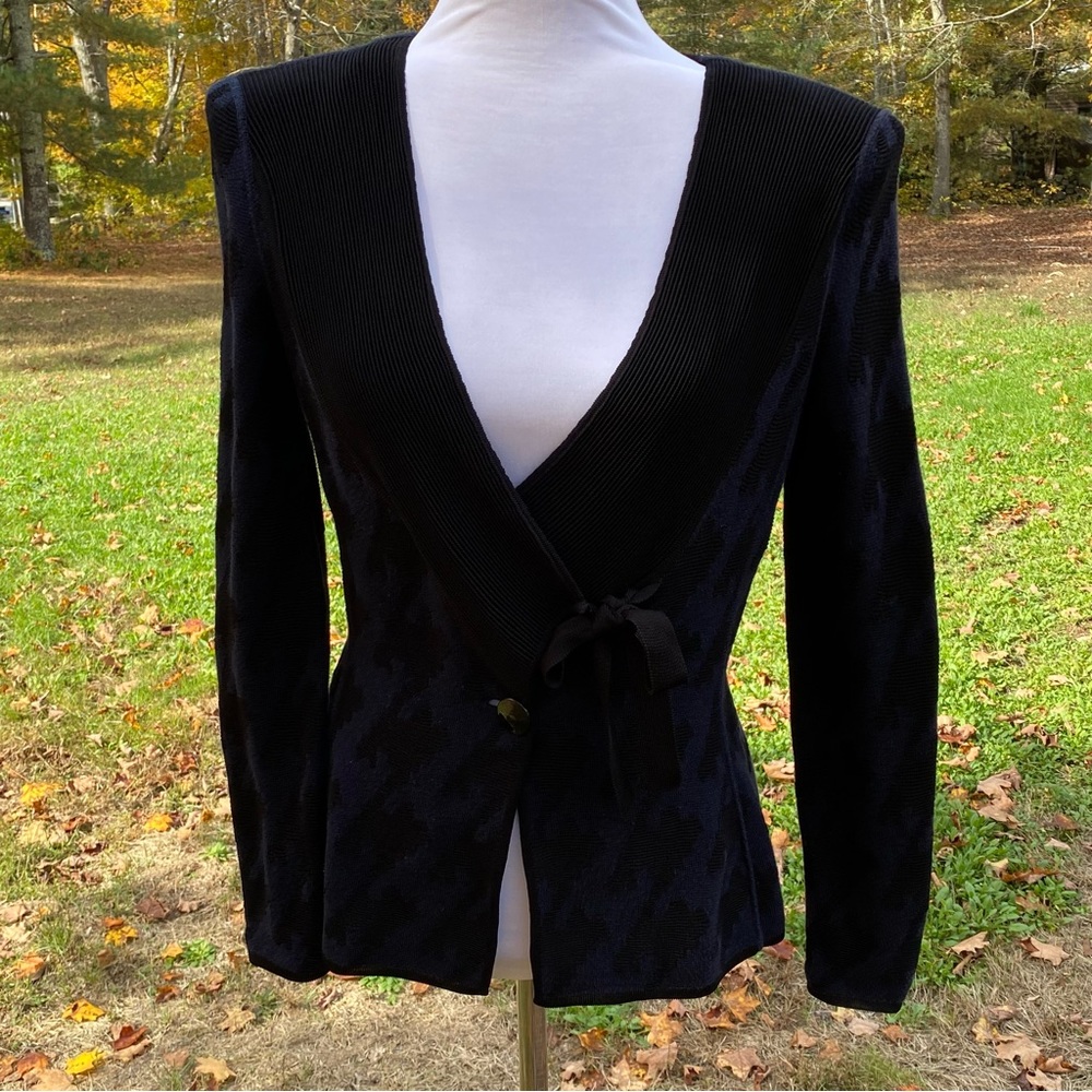 ARMANI COLLEZIONI SWEATER CARDIGAN BLACK TEXTURED BLUE PRINT BUTTON TIE Size 6